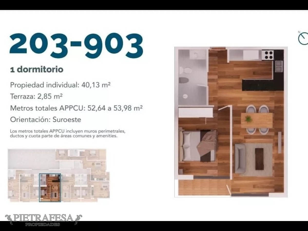 Apartamento ID.12442 - Apto en venta 1 dormitorio, terraza, garaje-Cordón