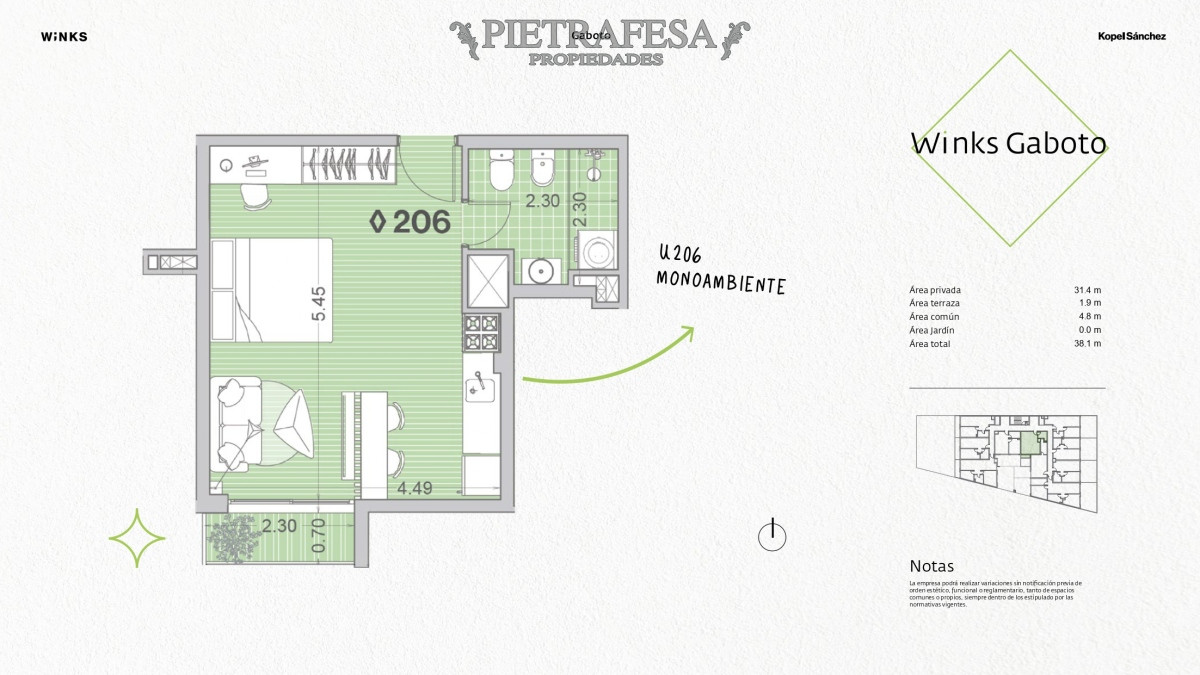 Apartamento ID.8425 - Monoambiente a estrenar- Gaboto- Palermo