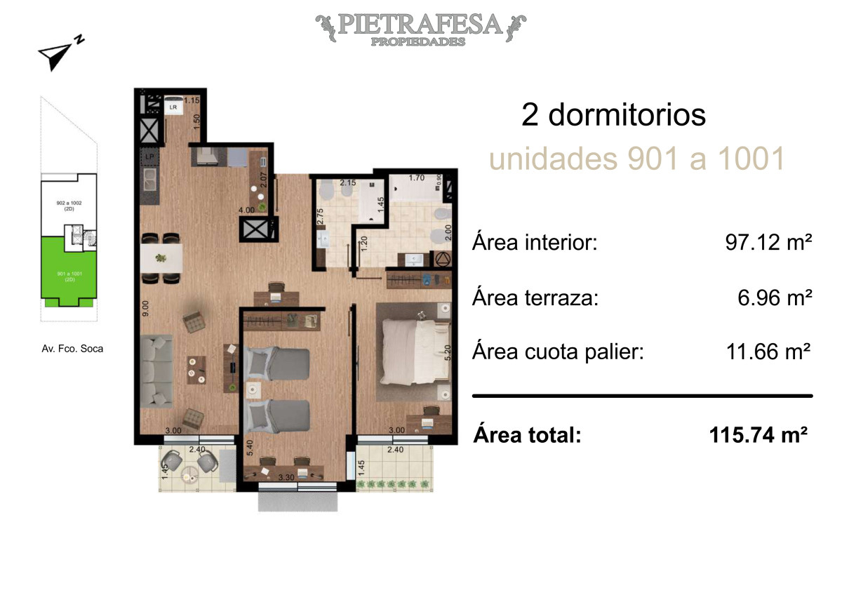 Apartamento ID.14126 - EDIFICIO BULL - POCITOS - 2 Dormitorios - 2 baños y Garage