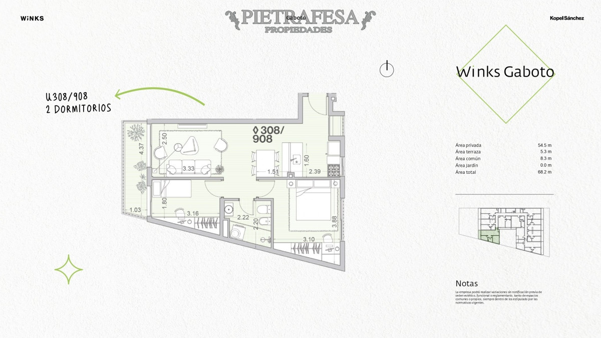 Apartamento ID.8431 - Apartamento a estrenar, 2 dormitorios, 1 baño y terraza-Gaboto- Palermo