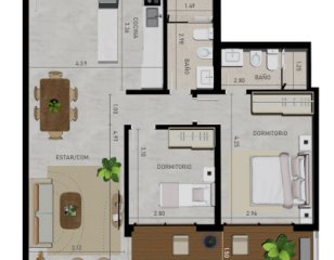 Apto 2 dorm. 2 baños, con servicios