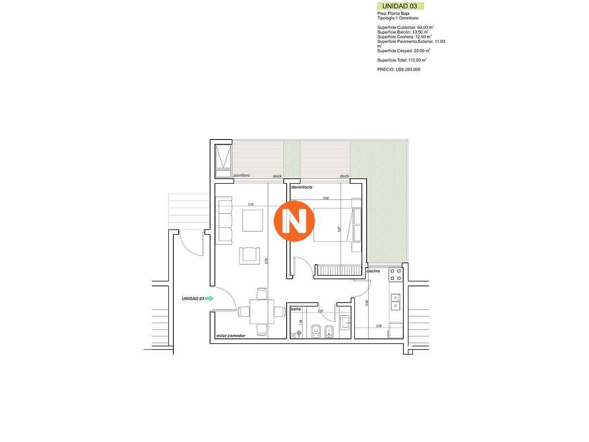 Apartamento Ref.224650 - Apartamento en construcción en la Mansa 1 dormitorio con Parrillero