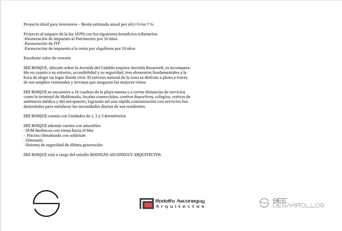 Apartamento ID.9989 - OPORTUNIDAD DE INVERSION EN POZO APARTAMENTO DE 1 DORMITORIO EN ROOSEVELT PLAYA MANSA SEE BOSQUE