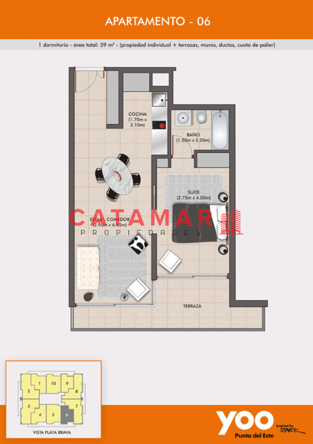 Apartamento ID.623 - Departamento piso alto Torre Yoo un dormitorio un baño Roosevelt Punta del Este