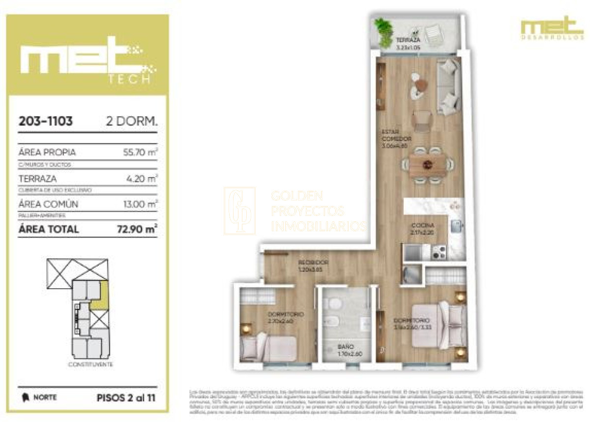 Apartamento ID.297 - Apartamento dos dormitorio Met Tech en Venta , Cordón