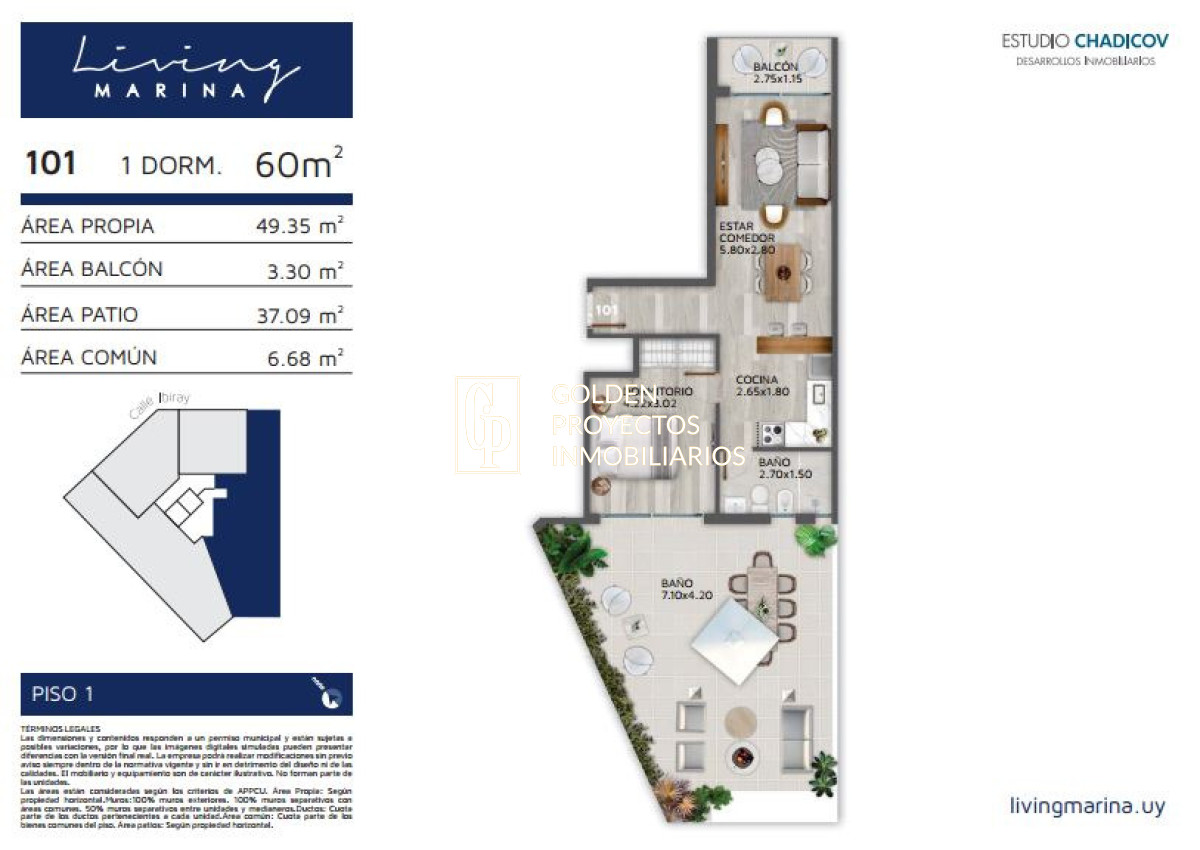 Apartamento ID.675 - Apartamento en Venta un  Dormitorio en Living Marina ,Punta Carretas