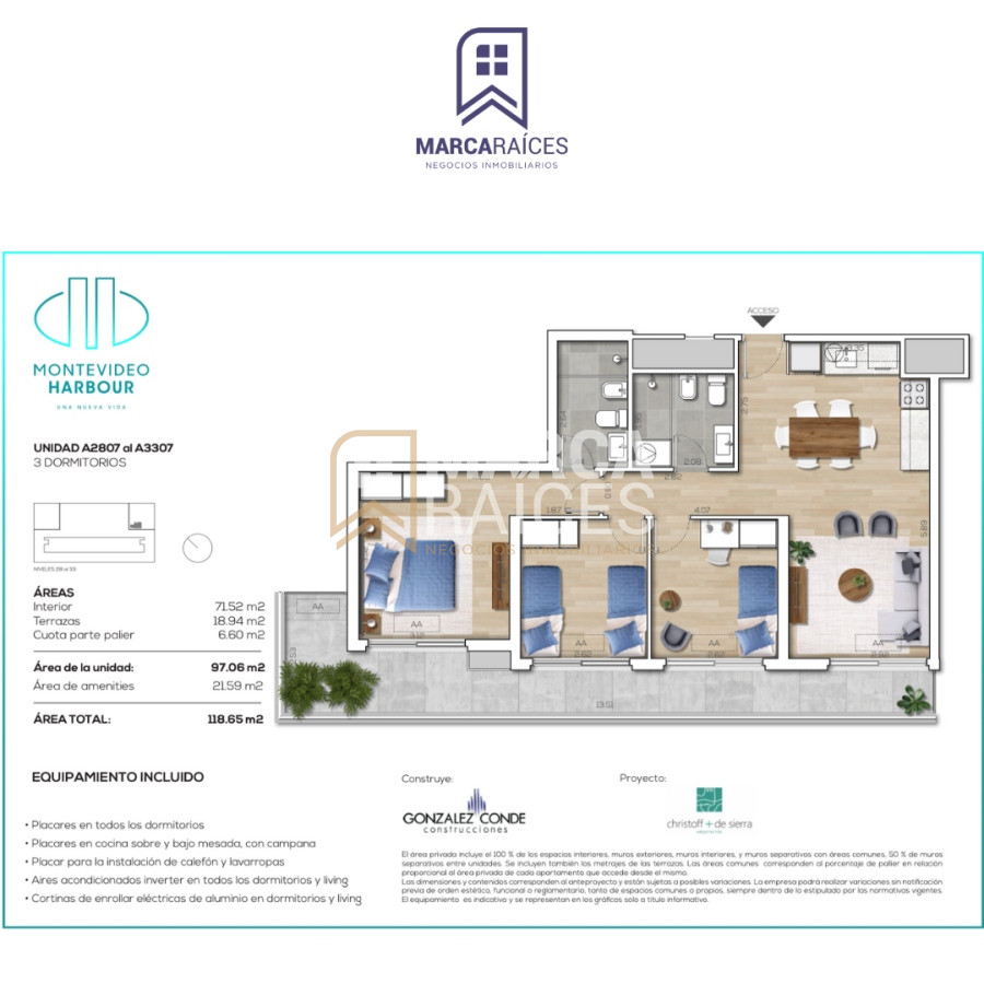 Apartamento ID.562 - Venta Apartamento 3 Dormitorios 2 Baños garage Vista a la Bahia Piso 29 Montevideo Harbour 