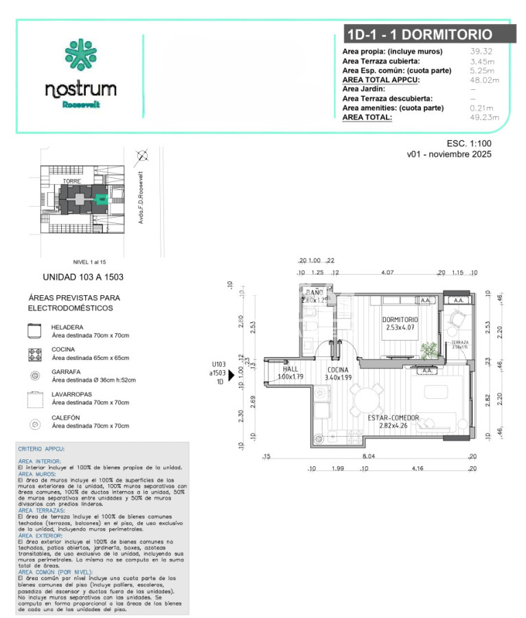 Apartamento ID.10515 - Altura, Luz y Ubicación  Apto. de 1 dorm. Nostrum Roosevelt