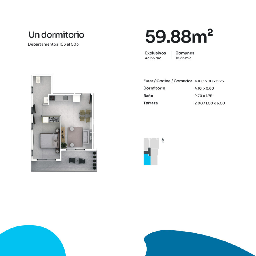 Apartamento ID.10607 - 🌟 Apartamento de 1 dormitorio contrafrente con luz y gran terraza.