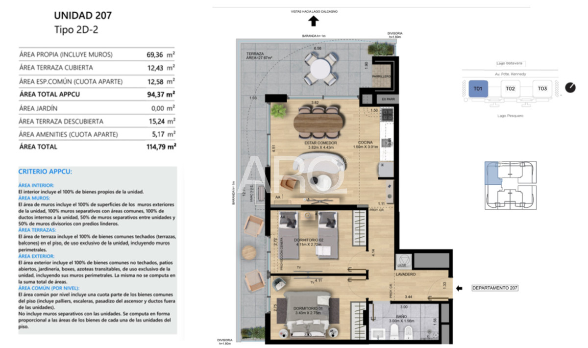 Apartamento ID.624 - 2 dormitorios en Parque Carrasco con vista al Lago Botavara.