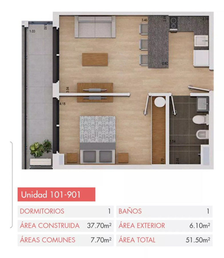 Apartamento ID.4604 - Alquiler Apartamento 1 Dormitorio Pocitos con balcón y garaje  