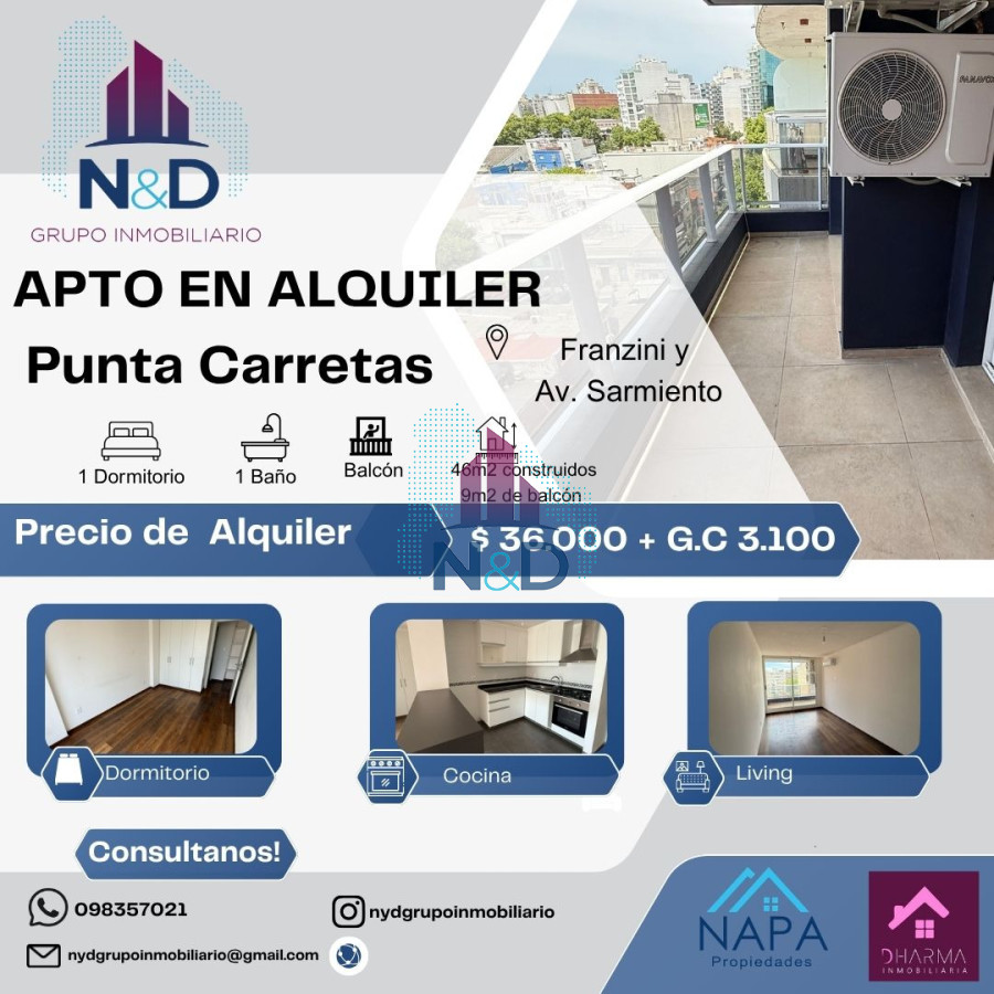 Apartamento ID.156 - ALQUILER UN DORMITORIO CON BALCÓN Y GARAGE AL FRENTE EN PUNTA CARRETAS