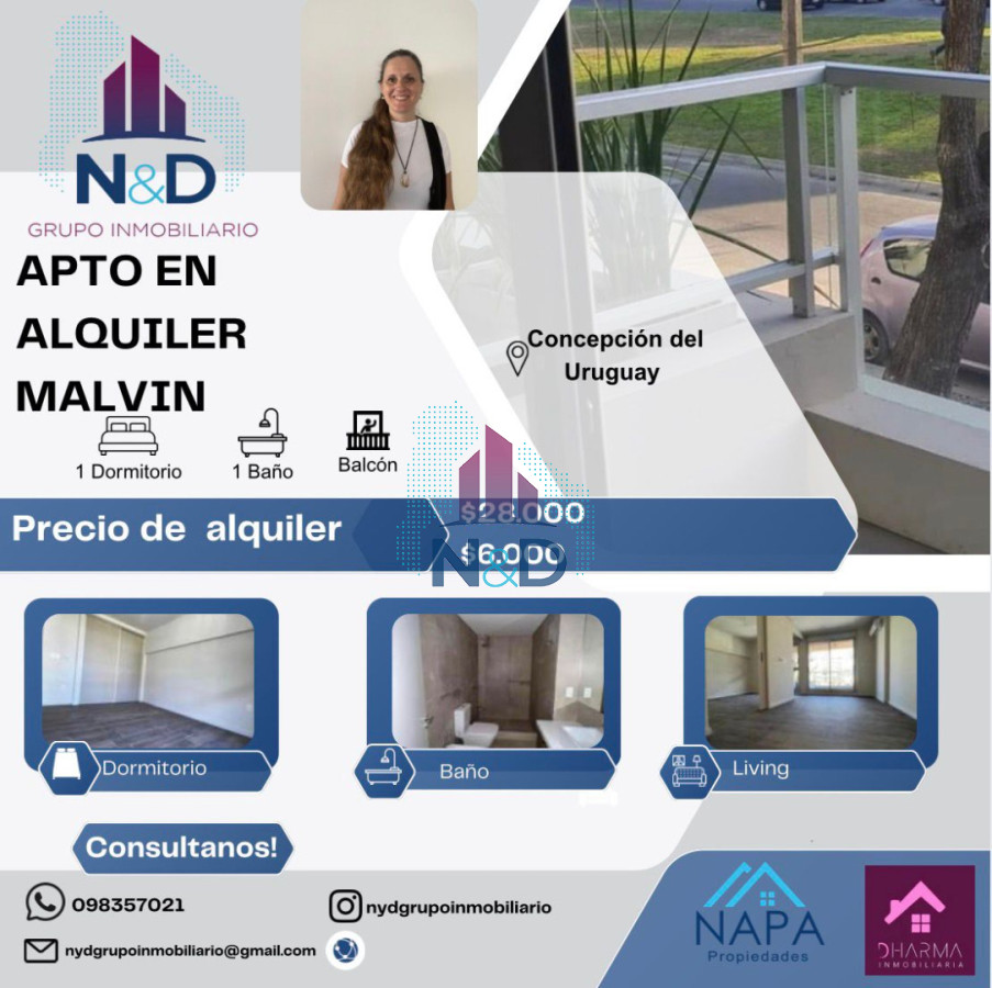 Apartamento ID.170 - ALQUILER MONOAMBIENTE DEFINIDO EN PRPIMER PISO  AL FRENTE CON BALCÓN Y GARAGE EN MALVIN 