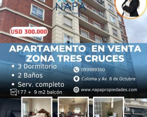 APARTAMENTO EN VENTA, 3 DORMITORIOS + SERVICIO COMPLETO, TRES CRUCES