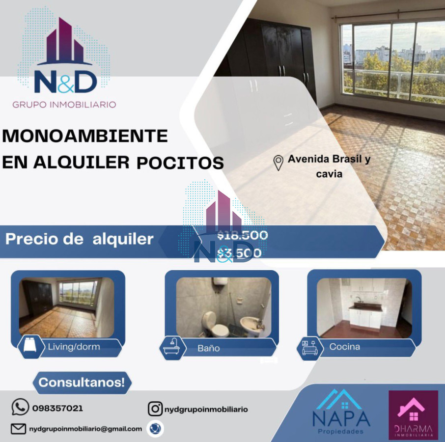 Apartamento ID.179 - ALQUILER MONOAMBIENTE AL FRENTE EN POCITOS 