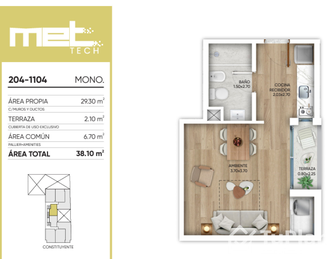 Apartamento ID.1570 - (Ref 3.859) Venta monoambiente en MET TECH Cordón A ESTRENAR en diciembre de 2025!