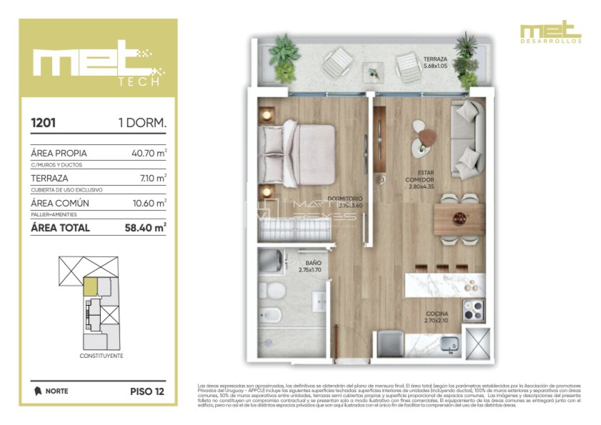 Apartamento ID.201 - Venta Apartamento de 1 Dormitorio Cordón (COD 201)