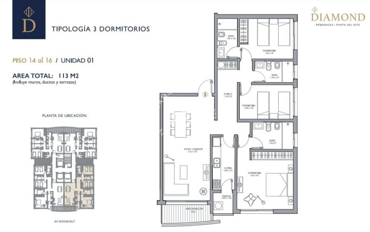 Apartamento ID.160 - VENTA DESAROLLO EN POZO 3 dormitorios Diamond Residences