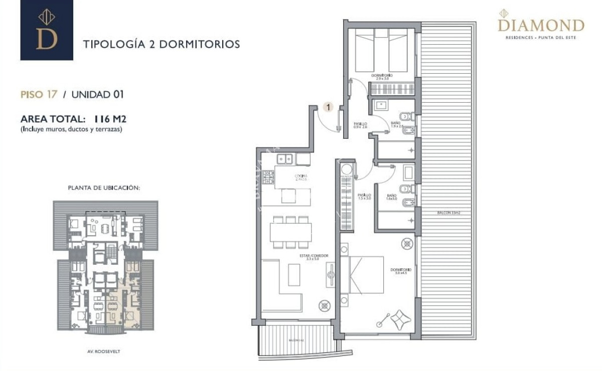 Apartamento ID.161 - DIAMOND Residences Punta del Este, apartamentos de 1, 2 y 3 dormitorios. Financia