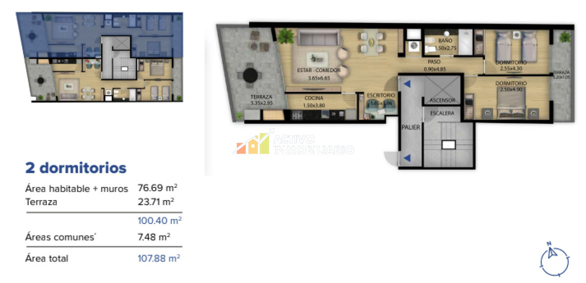 Apartamento ID.380 - Penthouse 2 dormitorios + terraza con parrillero - Cordón Sur