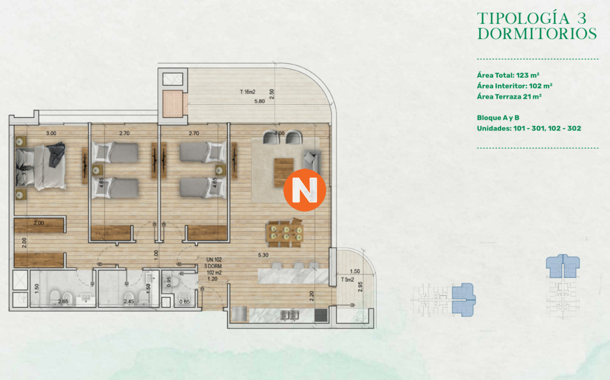 Apartamento 3 dormitorios, proyecto Mansa Forest  - NLV224457A