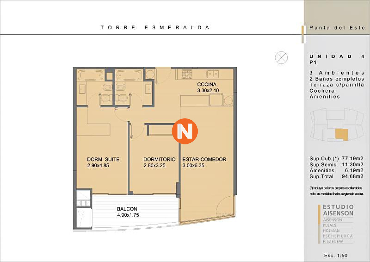 Apartamento Ref.225198 - Venta apartamento dos dormitorios Punta del este Playa Brava edificio Torre esmeralda