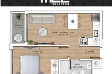 Apartamento en venta, 1 dormitorio en tres cruces