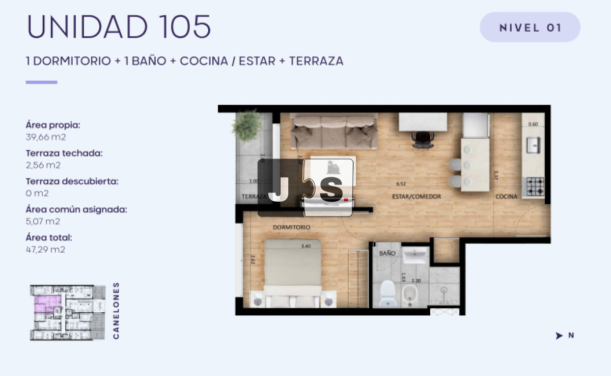 Apartamento ID.3485 - Venta apartamento 1 dormitorio a estrenar, Cordón