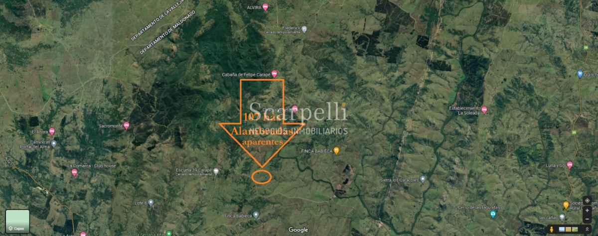 Chacra ID.37593 - Venta Chacra Maldonado proximo Límite con Lavalleja : Sierras de Carape con costa al arroyo Carapé.-