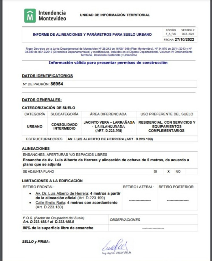 Terreno ID.40244 - TERRENO CON ALTURA APROBADA IMM LUIS ALBERTO DE HERRERA ESQ. EMILIO RAÑA CON IMPORTANTE FRENTE