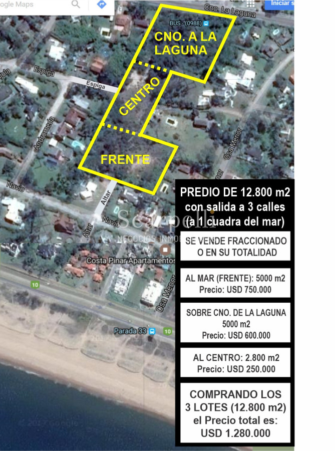 Terreno ID.12860 - Parada 34 Playa Mansa con frente a Cno. a la Laguna 12.800 m2 con salida a 3 calles y a 100 mts. de la Rambla.-