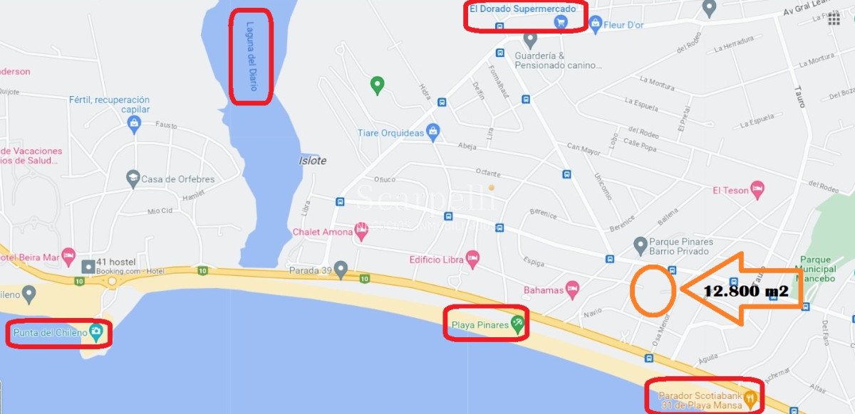 Terreno ID.12860 - Parada 34 Playa Mansa con frente a Cno. a la Laguna 12.800 m2 con salida a 3 calles y a 100 mts. de la Rambla.-