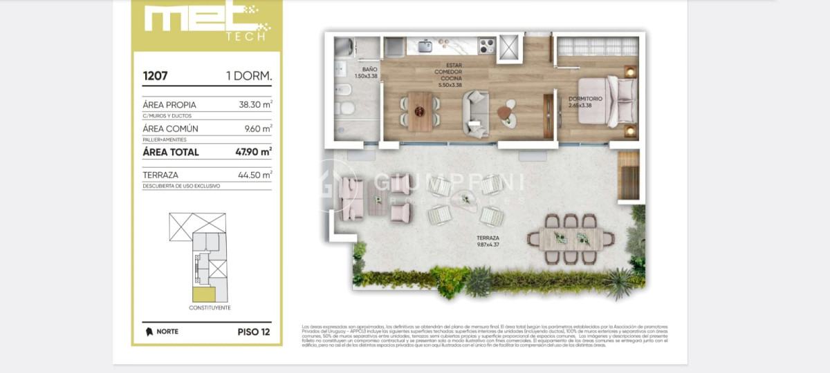 Apartamento ID.1068 - Alquiler apartamento 1 dormitorio - Terraza con parrillero - Cordón