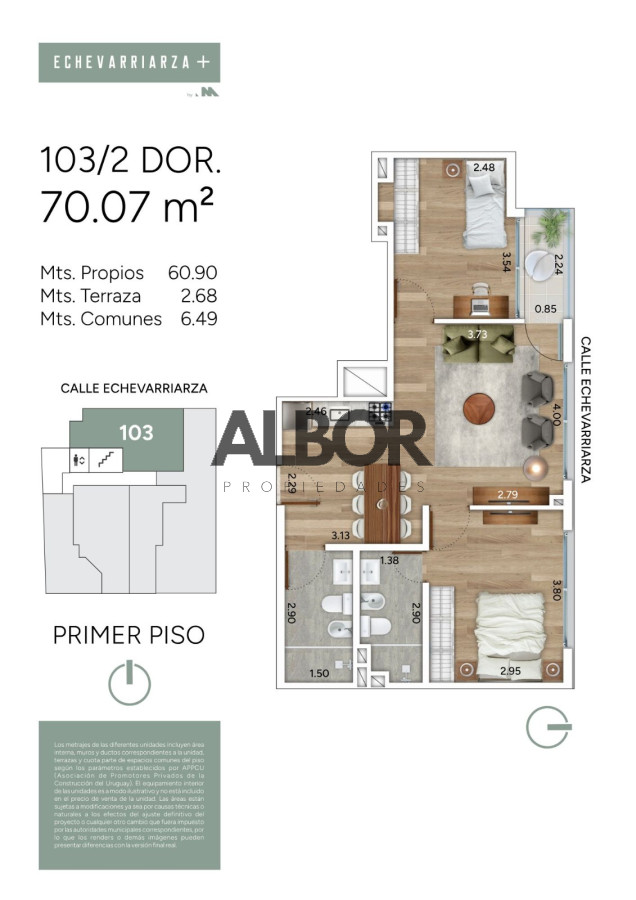 Apartamento ID.1042 - Venta Apartamento 2 dormitorios - Pocitos Nuevo - Echevarriarza +