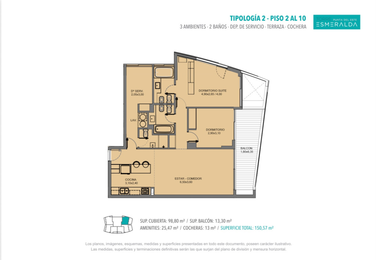 Apartamento ID.2194/ - Departamento de 2 dormitorios y servicio en Torre Esmeralda 