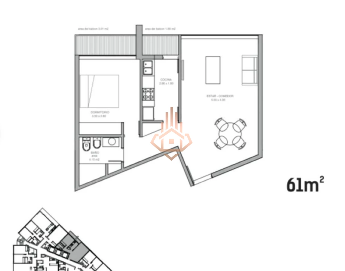 Venta depto en Gaudi de 1 dormitorio con balcón.