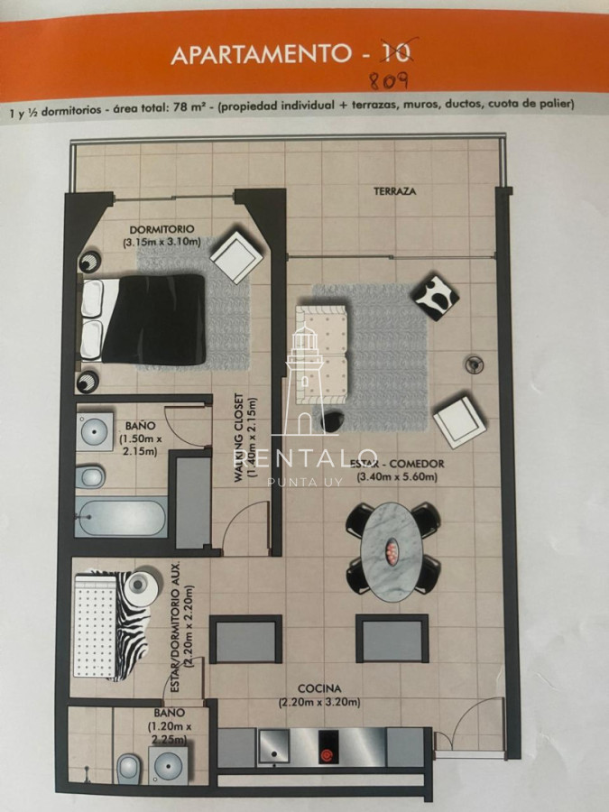 Apartamento ID.908 - Apartamento en venta de 1 dormitorio en Punta del este 2 baños