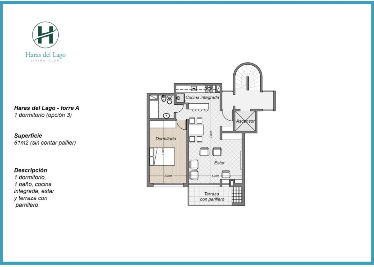 Apartamento ID.57684 - Apartamento en alquiler de 1 dormitorio y cochera en Haras del lago