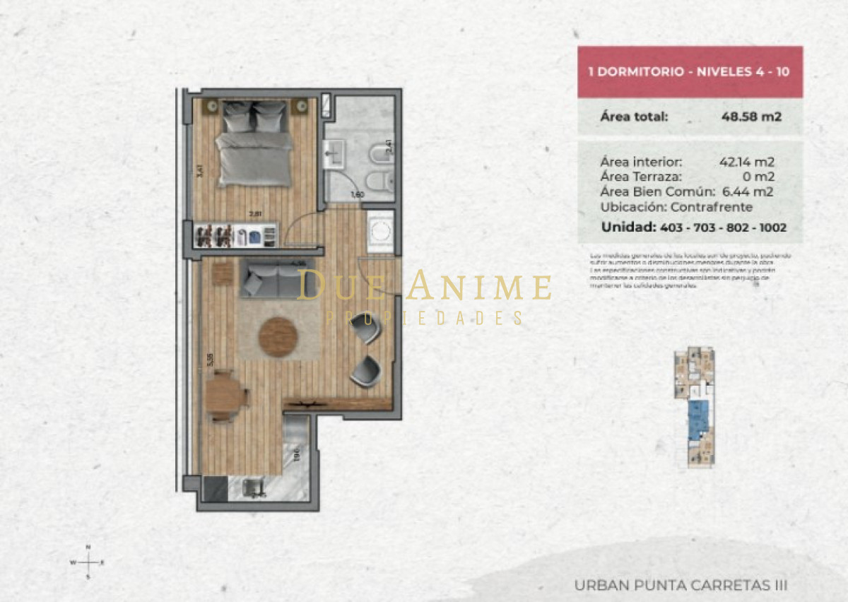 Apartamento ID.29 - OPORTUNIDAD a Estrenar 1 dorm PUNTA CARRETAS U$S155.800
