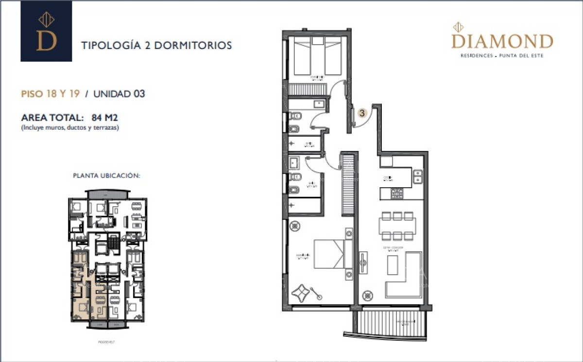 Apartamento ID.32651 - Venta departamento Punta del Este dos dormitorios dos baños Roosevelt piso alto 