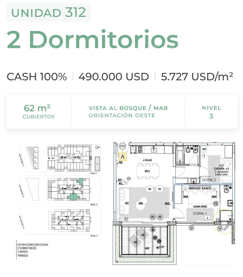 Apartamento ID.38997 - Departamento 2 dormitorios en venta en Casa Grande José Ignacio