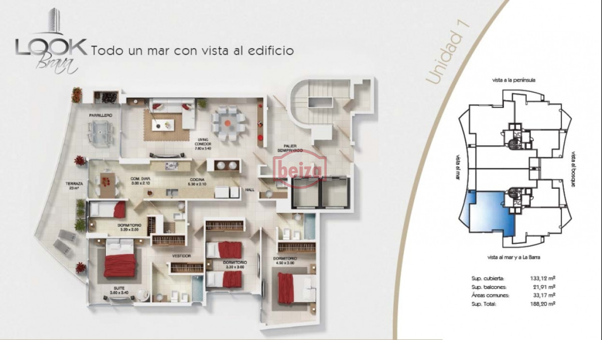 Apartamento ID.163728/Parada-10-de-Playa-Brava--Apartamento-de-2-dormitorios-en-suite - Para brillar en la Parada 10 de Playa Brava - 3 dorms, 2  baños mas dep. de servicio con baño