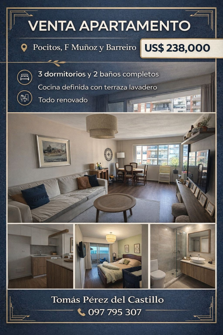  Venta Apartamento 3 Dormitorios Renovado, Pocitos, T